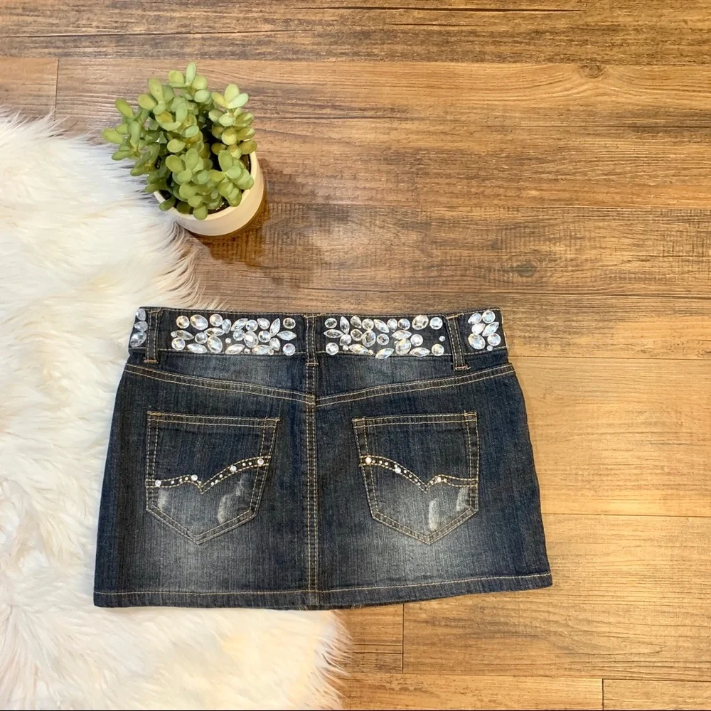 Wallflower Denim Mini Skirt Size 1 Dark Wash Rhinestone Waistband Jean Skirt